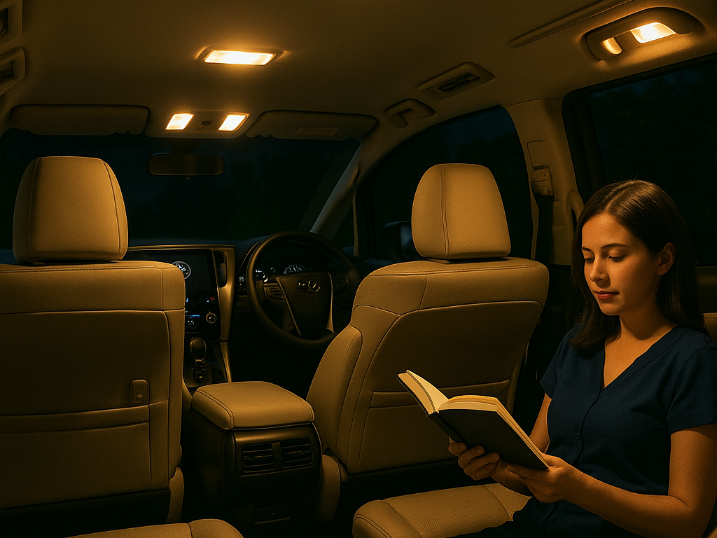 Interior Toyota Alphard dengan fitur Sewa Alphard di Bali lampu baca yang menonjol untuk kenyamanan penumpang di malam hari.