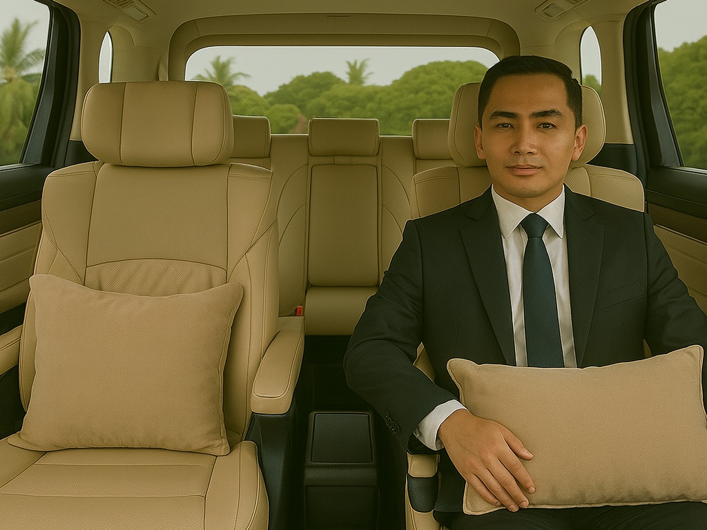 Interior Mewah Sewa Mobil Alphard di Bali Headrest dan Bantal Tambahan Premium.