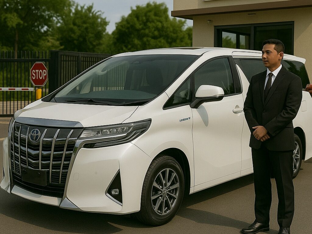 Sopir profesional sedang memeriksa mobil Toyota Alphard sebelum perjalanan, menekankan pentingnya Sewa Mobil Alphard di Bali pencegahan kejahatan.