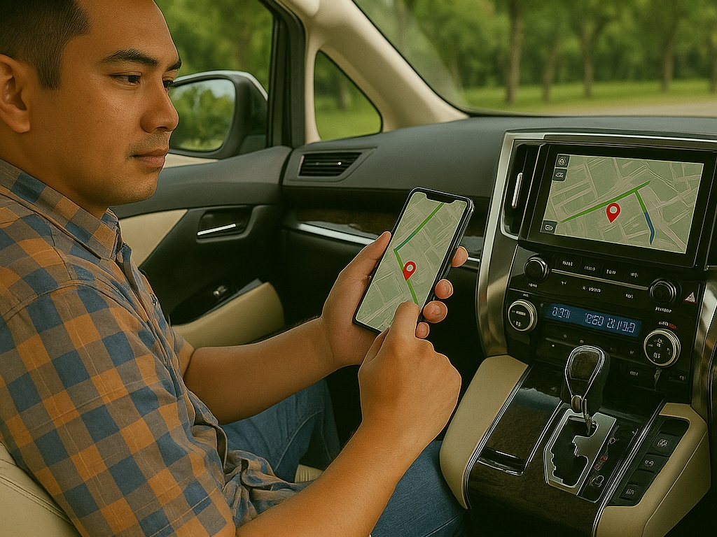 Tampilan real-time aplikasi Sewa Alphard di Bali tracking, menunjukkan posisi mobil dan sopir di peta.