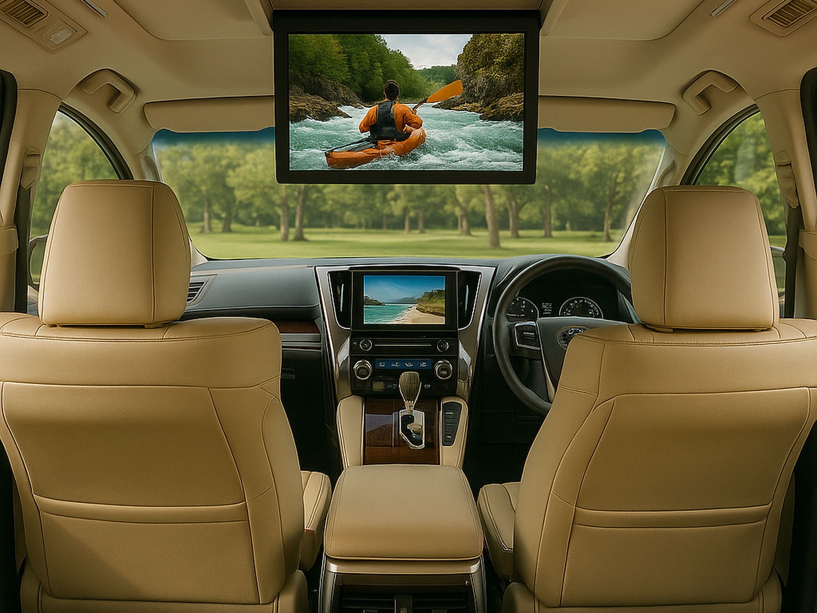 Interior mewah Toyota Alphard dengan Sewa Alphard Murah di Bali head unit canggih untuk hiburan selama perjalanan.