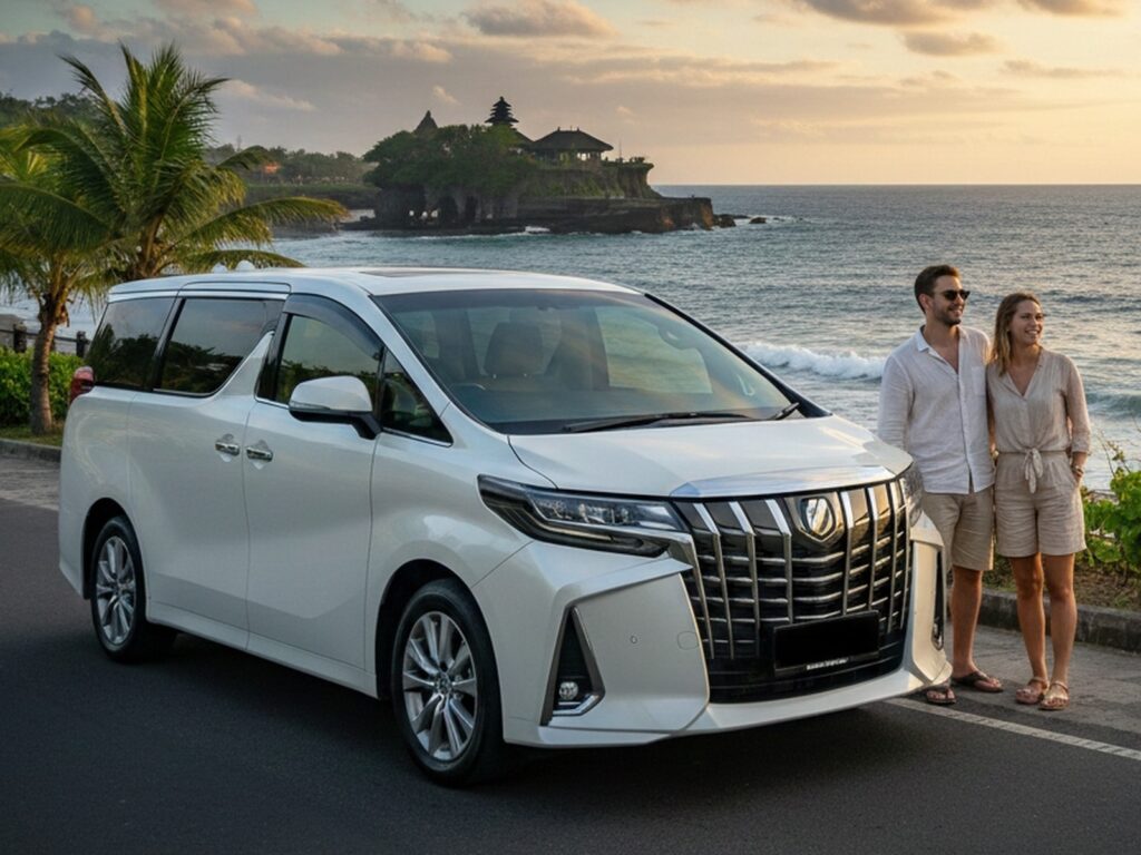 Sewa Alphard Murah di Bali Last-Minute untuk pasangan yang menikmati sunset di tepi pantai.