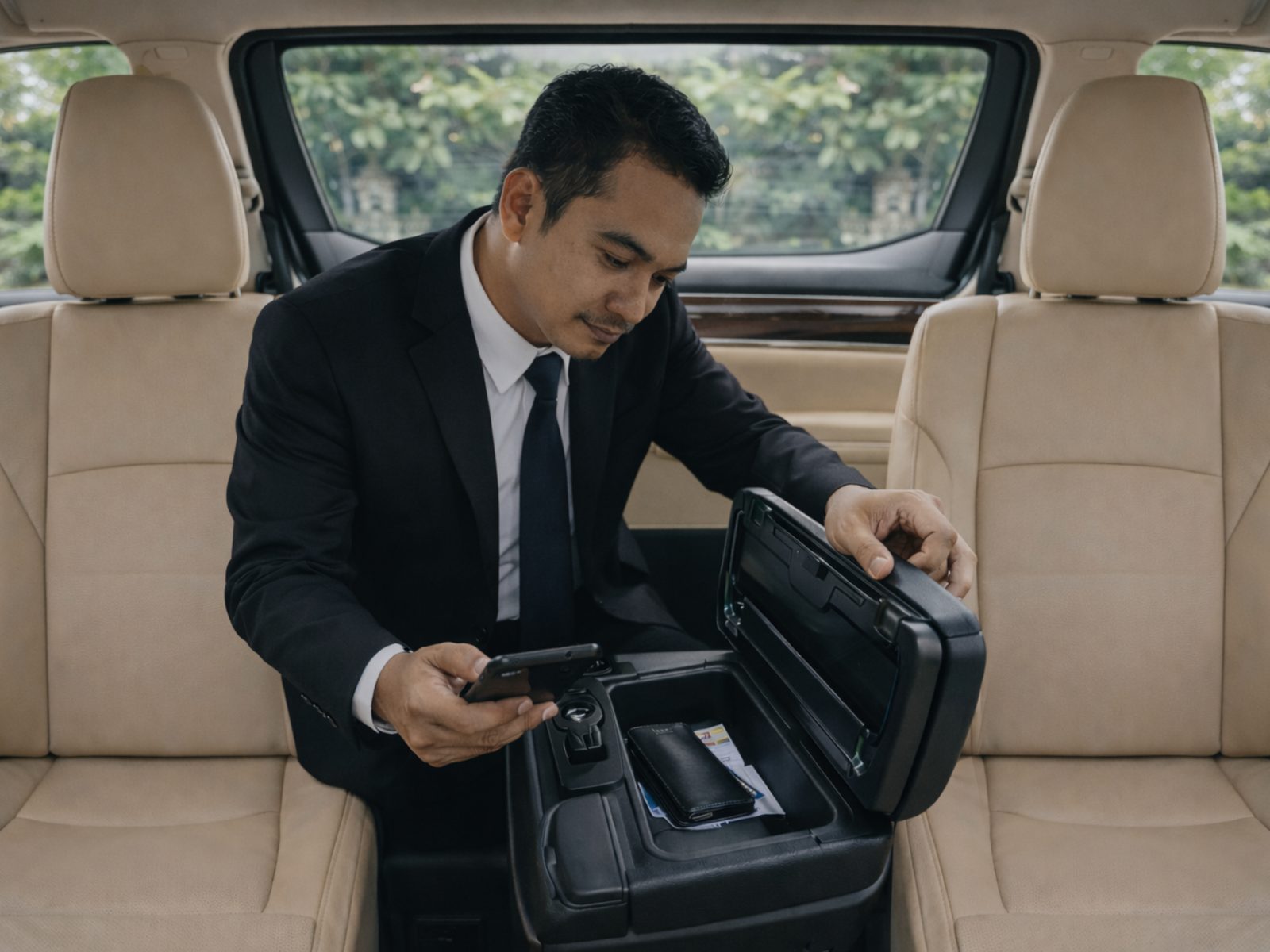 Sopir profesional sedang memeriksa kabin mobil Sewa Alphard di Bali Lost and Found.
